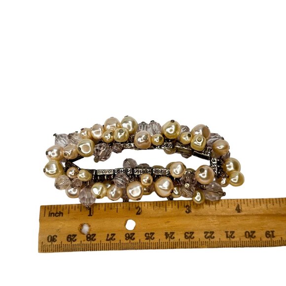 Simulated Pearl & Faceted Glass Bead Bracelet Stretch EUC Boho Bohemian Elegant - Picture 2 of 10